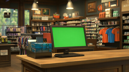 Upscale Retail Checkout Counter with Green Monitor