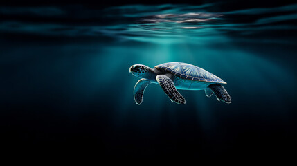Naklejka premium Turtle swims in ocean water while navigating around plastic pollution