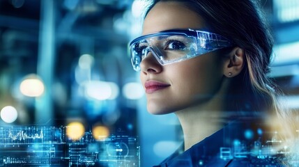 Woman in safety glasses observing data analysis in a modern lab
