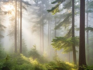 Morning Mist in the Evergreen Forest Sunbeams Through Trees Ai Generative 