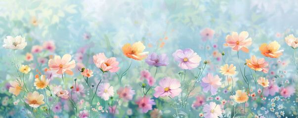 A vibrant watercolor depiction of a lush garden filled with blooming flowers