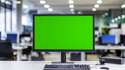 Empty Green Screen Monitor in Modern Office Setting
