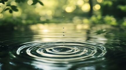 Droplet creating ripple on forest pond surface