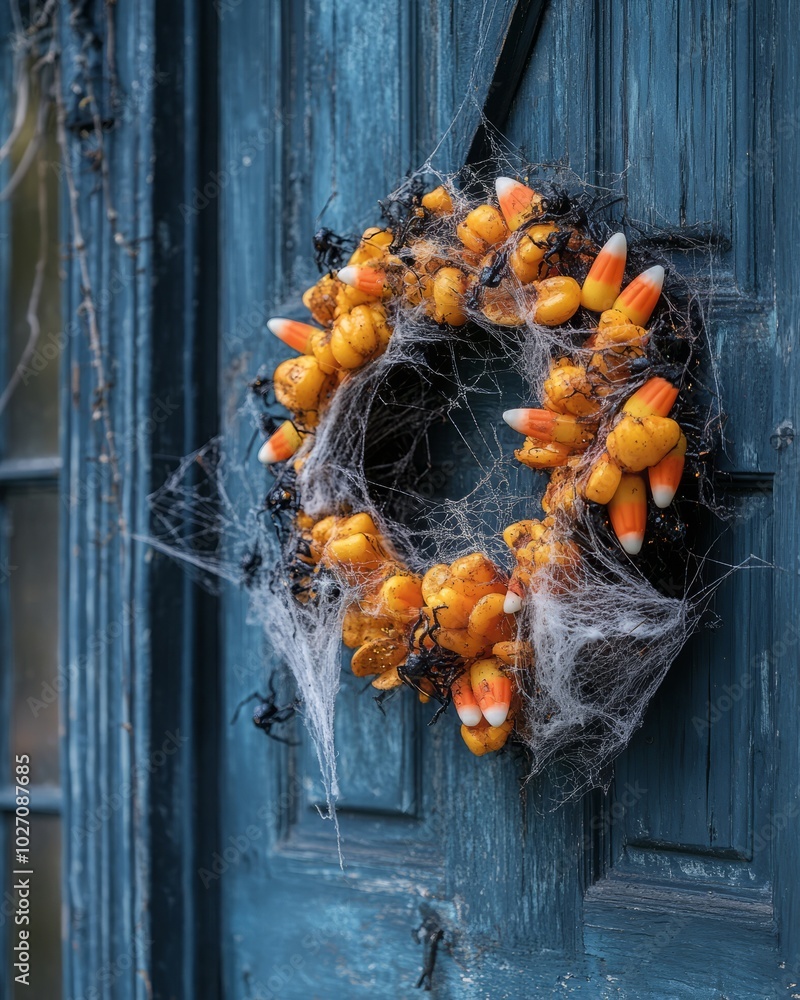 Canvas Prints A Halloween wreath with candy corn and spider webs hangs on a blue wooden door.