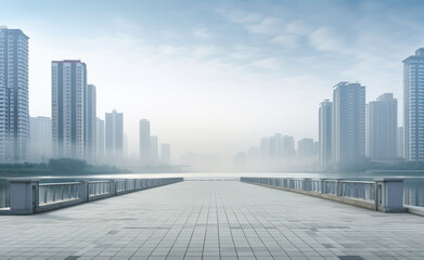 Misty City Morning on Riverside Promenade