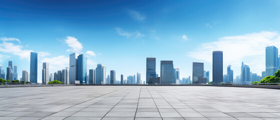 Expansive Urban Skyline with Sunlit Plaza