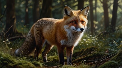 Fototapeta premium a fox standing tall in a sun-dappled forest, its eyes gleaming with intelligence and curiosity. The fur blends seamlessly with the foliage, creating a sense of camouflage.