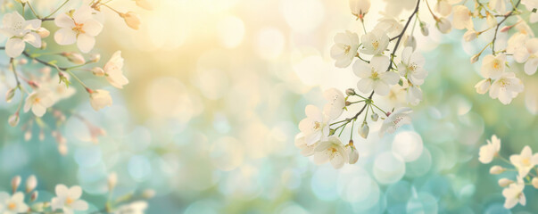 Fototapeta premium Sunlit forest adorned with delicate blossoms in tranquil watercolor style