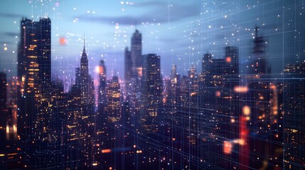 Fototapeta premium A Network of Lines and Lights Over a Blurred Cityscape at Night