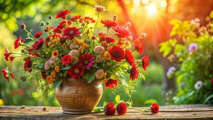 Naklejka premium Vibrant red wildflower bouquet featuring a rustic floral arrangement that exudes natural charm, perfect for adding a touch of beauty to any setting