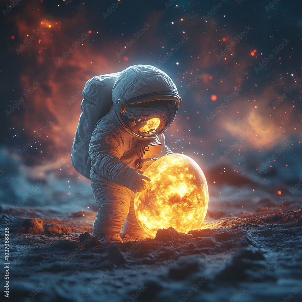 Poster delightful illustration of a small astronaut popping out of a glowing egg on the moon with the lunar
