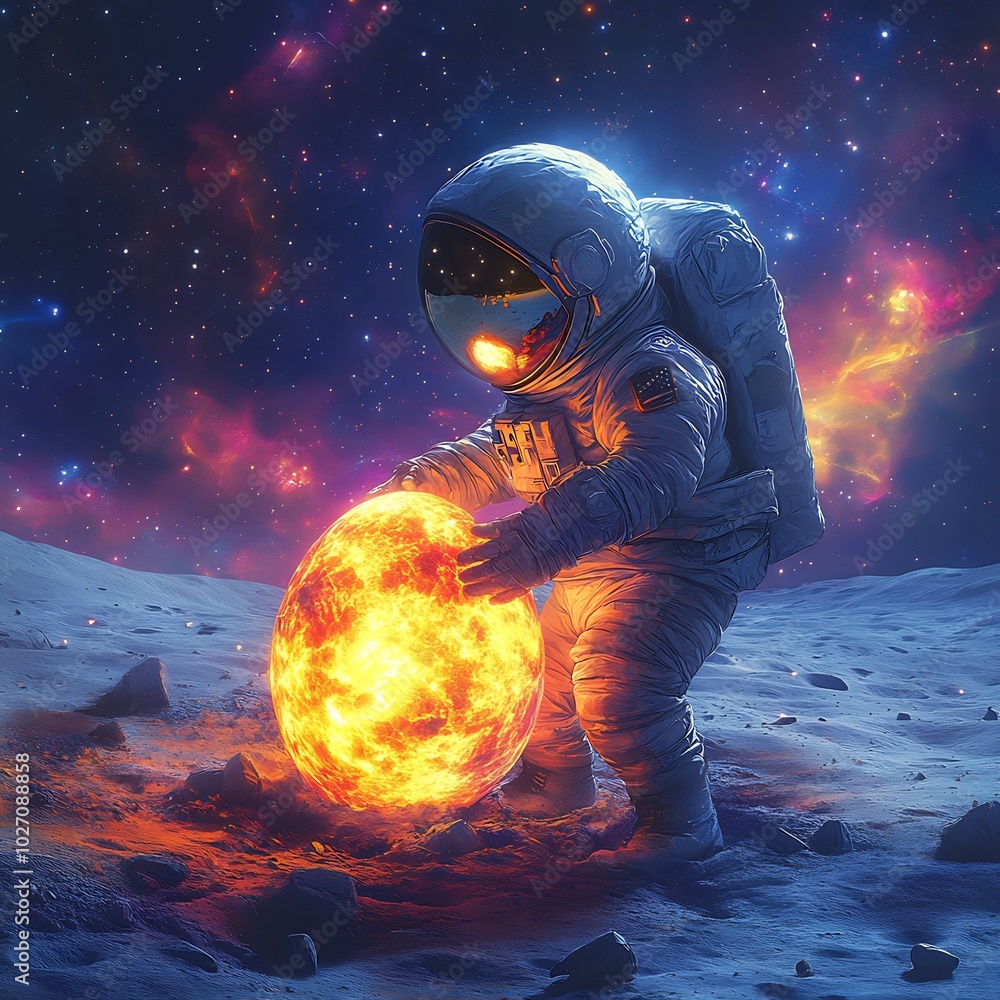 Poster delightful illustration of a small astronaut popping out of a glowing egg on the moon with the lunar