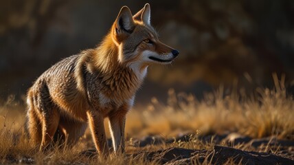 Fototapeta premium a golden jackal standing tall in a field bathed in warm sunlight. Its reddish-brown fur shimmers in the light, and its pointed ears and alert eyes convey a sense of curiosity and intelligence.