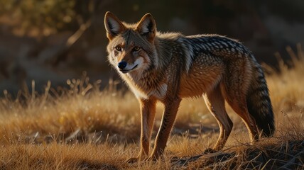 a golden jackal standing tall in a field bathed in warm sunlight. Its reddish-brown fur shimmers in the light, and its pointed ears and alert eyes convey a sense of curiosity and intelligence.