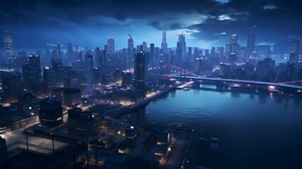 Drone view of a city at night in games style background for pc. Generative ai