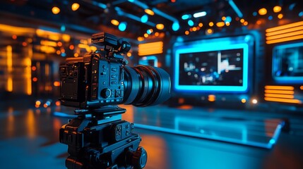 A camera is set up in front of a television screen