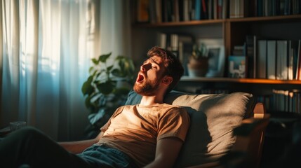 Fototapeta premium A young man yawning in a cozy room filled with sunlight and plants, relaxing on a comfortable sofa.