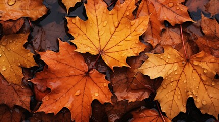 Autumn leaves with raining drops wallpaper. Generative ai