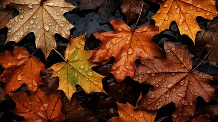 Autumn leaves with raining drops wallpaper. Generative ai