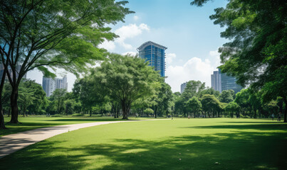 Urban Oasis: Green Park Amidst City Skyscrapers