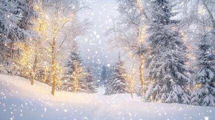 Fototapeta premium Winter Wonderland with Snow and Lights in Forest