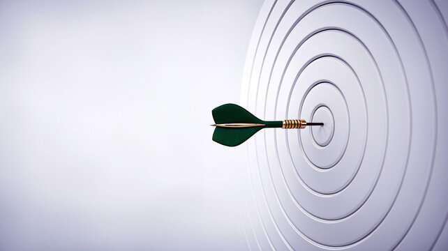 Bullseye Precision, Green dart perfectly hits center of a white target, symbolizing accuracy and success