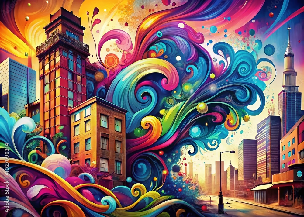 Poster vibrant swirling patterns create a dynamic backdrop, perfect for urban exploration photography, blen