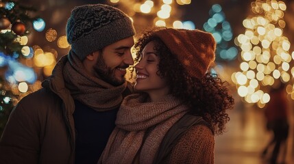 Couple embracing joyfully under twinkling lights during winter