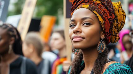 Black Awareness Day, a huge march with people from all walks of life wearing African cultural clothing, Ai generated images