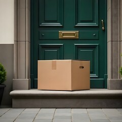 Parcel Box Delivered and Placed in Front of Door – High-Quality Stock Image for Delivery and Shipping Themes
