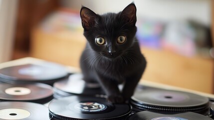 A cute black kitten sitting on top of a vintage record player. Adorable scene blending retro vibes with a playful touch, as the curious cat interacts with the classic turntable,