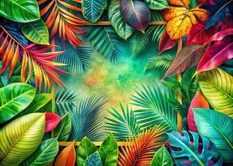 Vibrant tropical floral leaves create a stunning double exposure background, ideal for enhancing your design projects with a lively and fresh