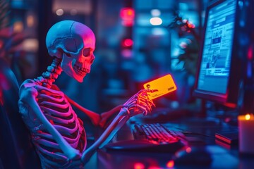 A skeleton engaging with a computer and holding a credit card in a colorful, neon-lit environment.