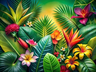 Vibrant Tropical Leaves and Flowers Framing a Colorful Gradient Background for Nature Lovers