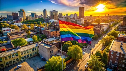 Naklejka premium Vibrant Urban Exploration of LGBT Rainbow Flag in City Settings