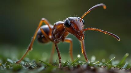 Naklejka premium A close-up of a red ant with large black eyes standing on green grass.
