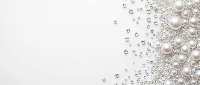 flat-lay of white background with sparkling pearls and diamons