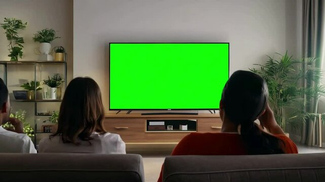 Family watch modern tv with green screen in living room on the sofa. Generative AI
