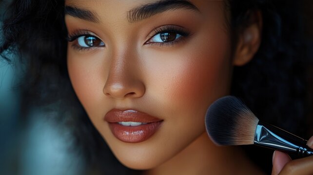 Stylish Hispanic woman using makeup brush with copy space