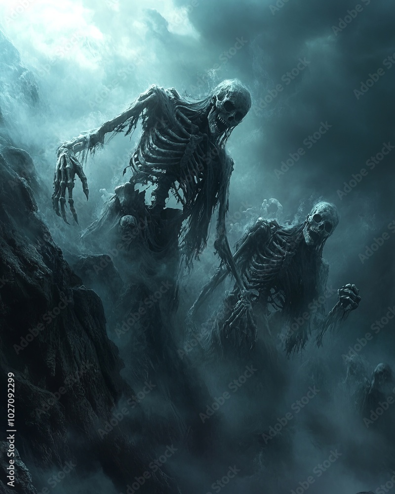 Poster A horde of skeletal figures emerges from the mist, their bony forms reaching towards the viewer.