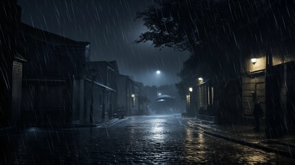 A rainy day in the city street at night background. Generative ai
