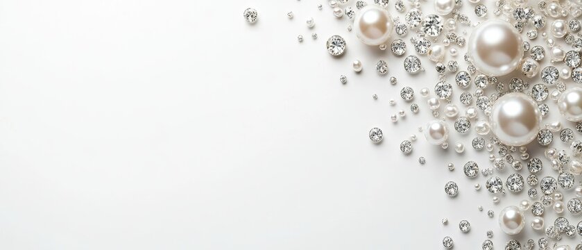 flat-lay of white background with sparkling pearls and diamons