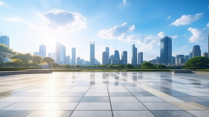 Urban Oasis: Sunny City Skyline and Plaza