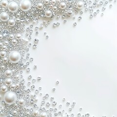 flat-lay of white background with sparkling pearls and diamons