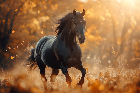 A black horse gallops through a sunlit meadow in vibrant autumn hues