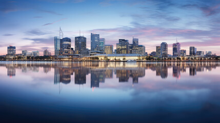Naklejka premium Serene Twilight: City Skyline and Water Reflection