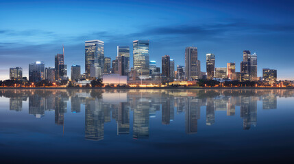 Fototapeta premium Serene Cityscape Reflection at Twilight