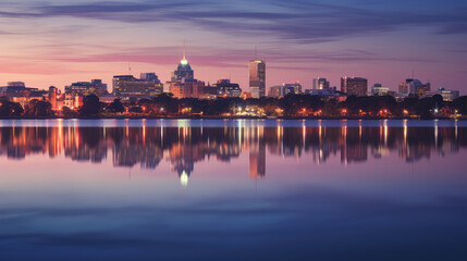 Naklejka premium Serene Twilight City Reflections on Water