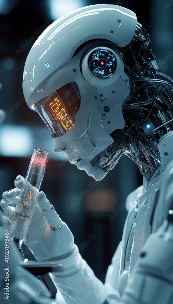 Wall mural A humanoid robot wearing a white helmet looks at a test tube in a lab.