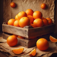 Rustic Wooden Crate Filled with Fresh Oranges on ia ia generated. Vintage Paper Background


